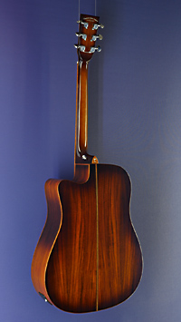 Tanglewood Winterleaf Exotic Series Dreadnought, glossy finished acoustic guitar with pickup, Dreadnought shape with solid mahogany top and koa on back and sides, with cutaway, back view