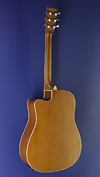 Tanglewood Union Dreadnought, satin finished acoustic guitar with pickup, Dreadnought shape with solid mahogany top and mahogany on back and sides, with cutaway, back view