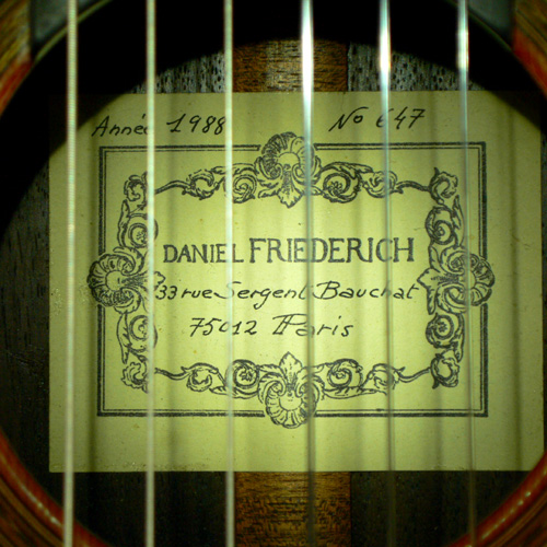 label  of a classical guitar built by luthier Daniel Friederich