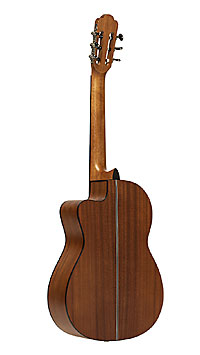 Angel Lopez Graciano CM-CE, satin finished classical guitar with pickup and cutaway, with solid cedar top and mahogany on back and sides, scale 64,5 cm, nut width 50 mm, back view