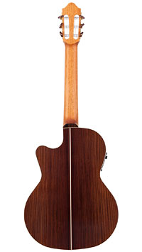 Kremona Performer Series classical guitar with pickup, solid spruce top and sollid back and sides made of rosewood, with cutaway and Fishman Prefix Pro Blend Pickup (piezo and micro), back view