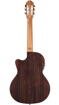 Kremona Performer Series crossover classical guitar with pickup, thin body, solid cedar top, rosewood on back and sides, with cutaway and Fishman Prefix Pro Blend Pickup (Piezo and micro), back view