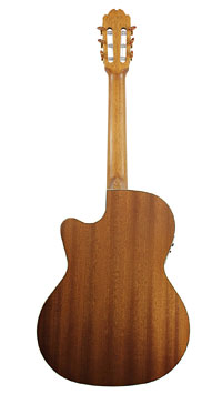 Kremona Sofia S63CW Performer Series crossover classical guitar with pickup and 63 cm short scale, nut width 48 mm, solid cedar top, mahogany on back and sides, with cutaway and Fishman Prefix Pro Blend Pickup (Piezo and micro), back view