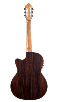 Kremona Performer Series crossover classical guitar with pickup, nut width 48 mm, solid cedar top, rosewood on back and sides, with cutaway and Fishman Prefix Pro Blend Pickup (Piezo and micro), back view