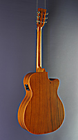 Tanglewood left-handed acoustic guitar, Dreadnought form, mahogany, pickup, cutaway, back view