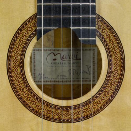 Rosette and label of a classical guitar built by Andrés D. Marvi