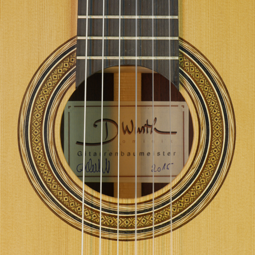 Rosette and label of a classical guitar built by guitar maker Dominik Wurth