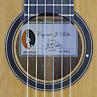 Rosette and label of guitar Eugenio Riba with cedar top and mangoy back and sides, year 2023