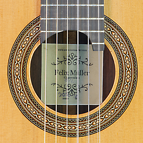 Rosette and label classical guitar built by guitar maker Felix Müller