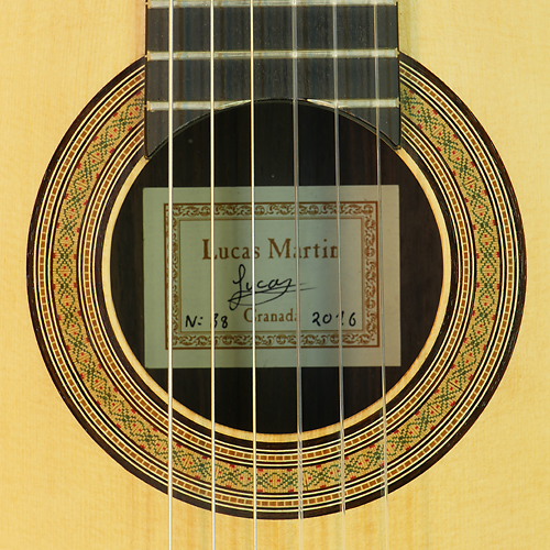 Lucas Martin Luthier guitar spruce rosewood, built in 2016, rosette. label