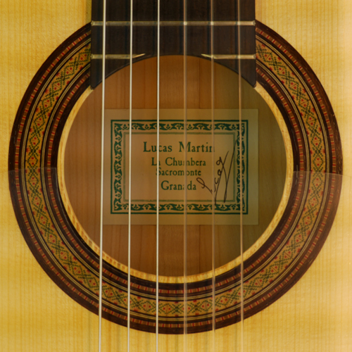 rosette and label of Lucas Martin Flamenco Guitar spruce, cypress, year 2014