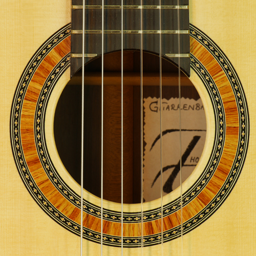 rosette and label of Thomas Friedrich classical guitar spruce, rosewood, year 2015