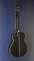 Tanglewood Black Shadow Winterleaf, schwarz lackierte Stahlsaitengitarre mit Tonabnehmer in Folk-Form mit massiver Fichtendecke und Mahagoni an Zarge und Boden, mit Cutaway, Rückseite