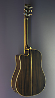 Tanglewood Black Shadow Winterleaf, black finished acoustic guitar with pickup in Dreadnought shape with solid spruce top and mahogany on back and sides, with cutaway, back view