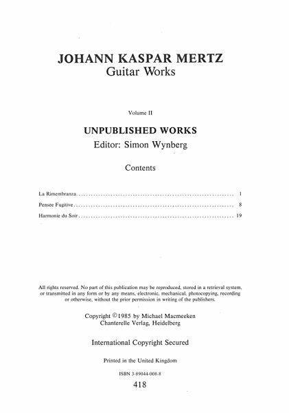 Mertz, Johann, Kaspar: Guitar Works Vol. 2,  Unpublished Works, Noten für Gitarre solo Inhalt