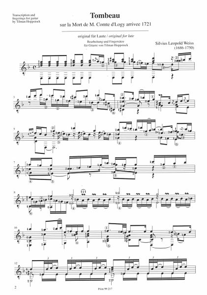 Weiss, Silvius Leopold: Tombeau sur la mort de de M. Comte de Logy & Menuet for guitar solo, sheet music sample